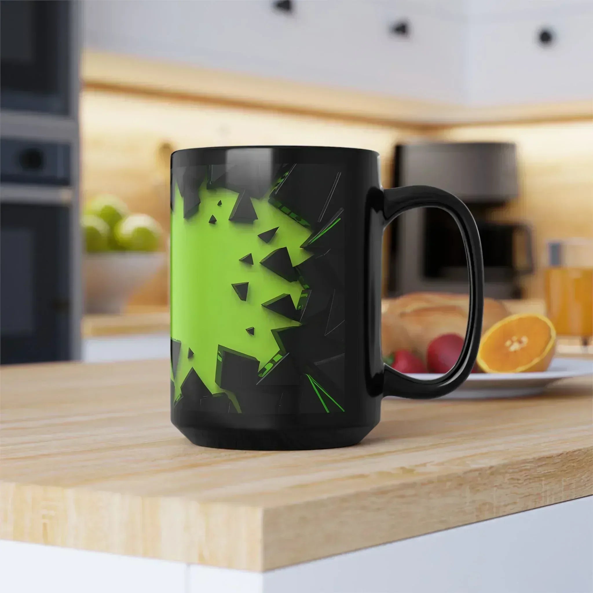 Dynamic Black & Neon Green Mug – 15oz Geometric Design - KARARMDESIGN