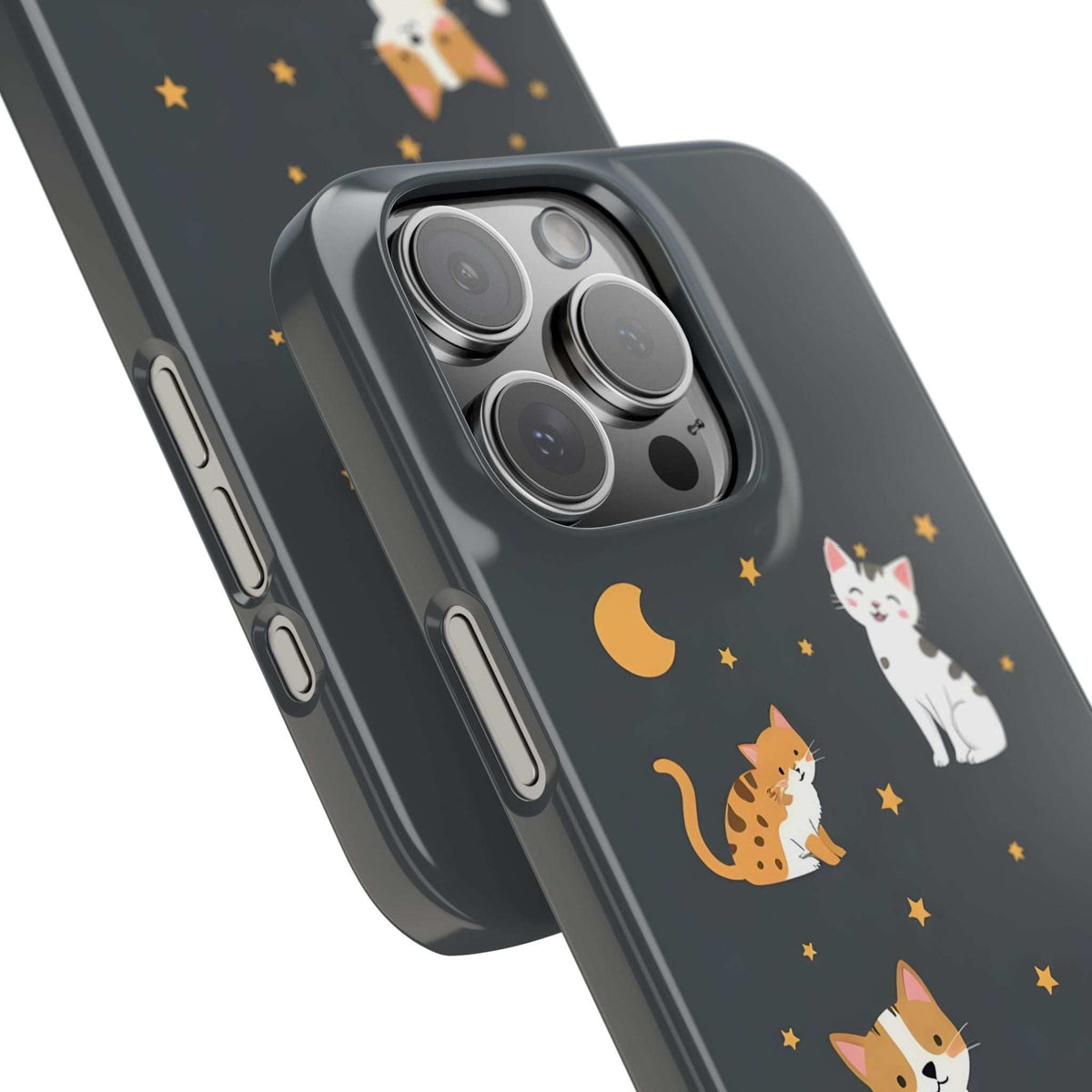 Dark iPhone phone case close-up with camera lens cutout and cat moon star print