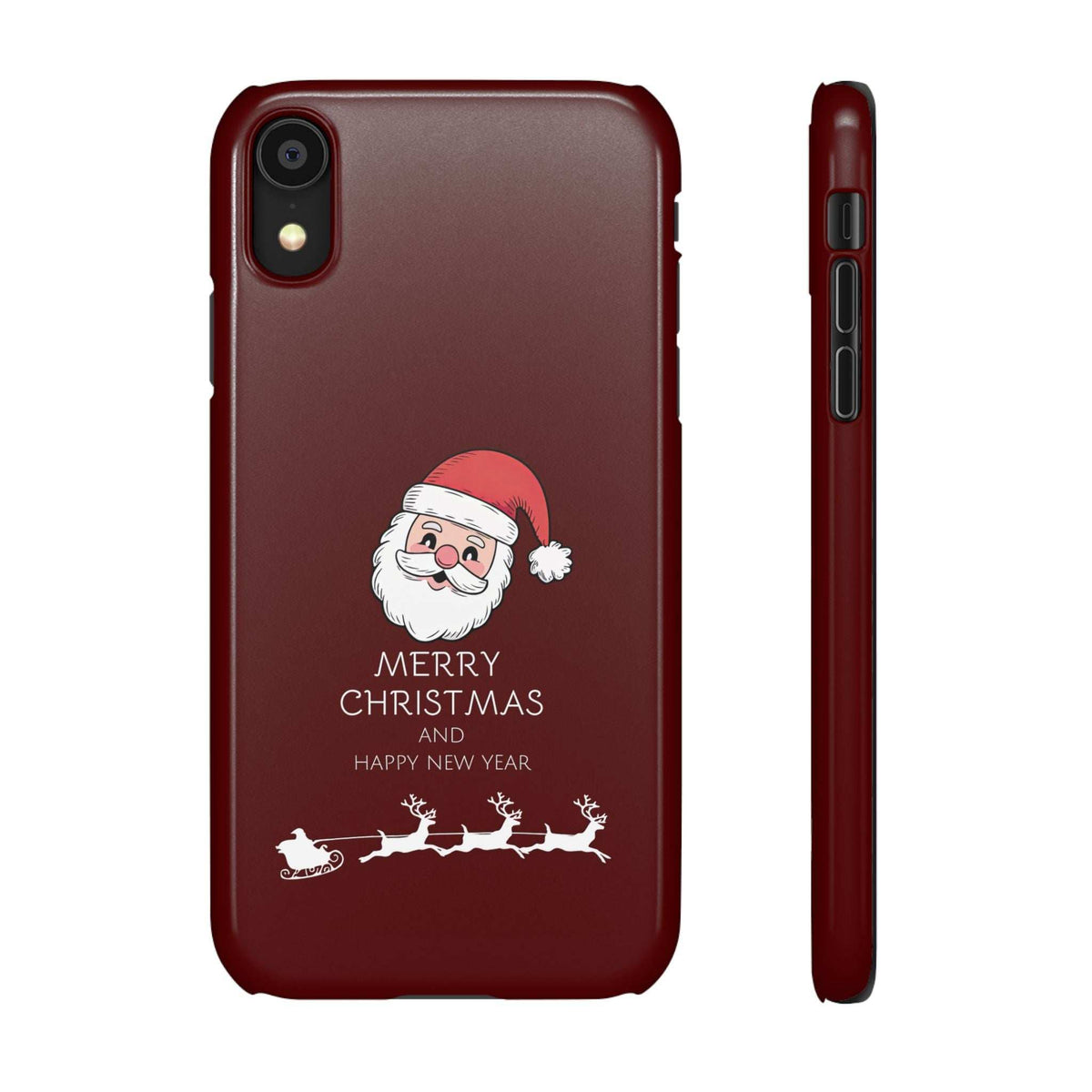 Red glossy phone case with Santa Merry Christmas design; side profile shown