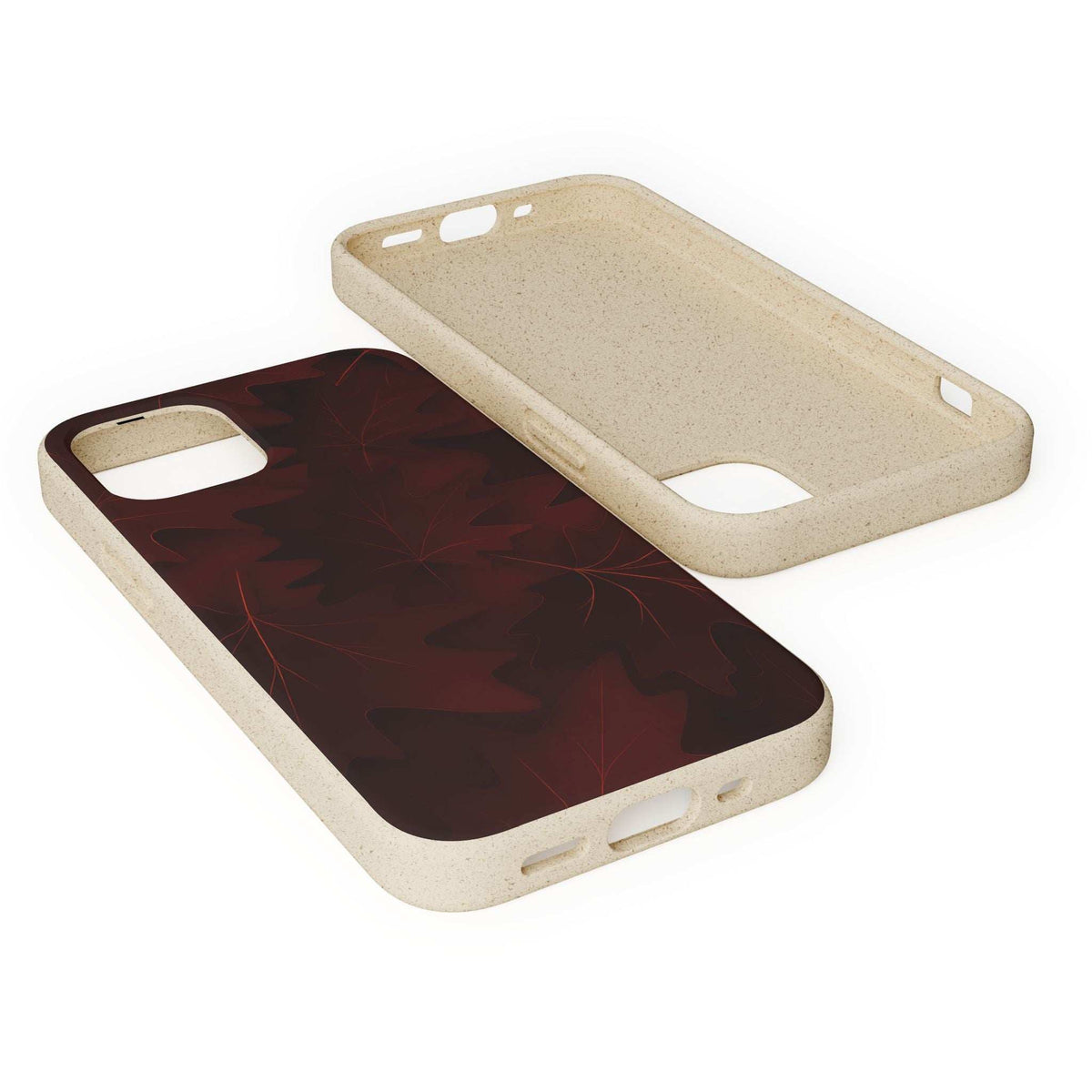 Angle view phone case with dark maroon leaf print and beige protective edges
