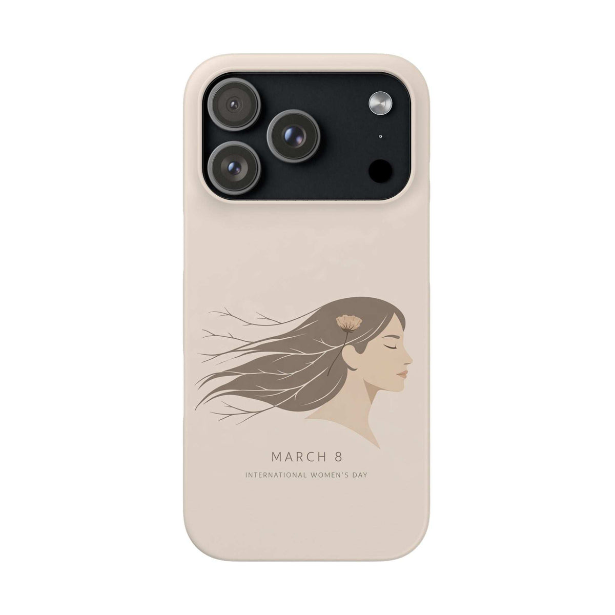 Beige phone case with black camera cutout and women’s day profile graphic on back