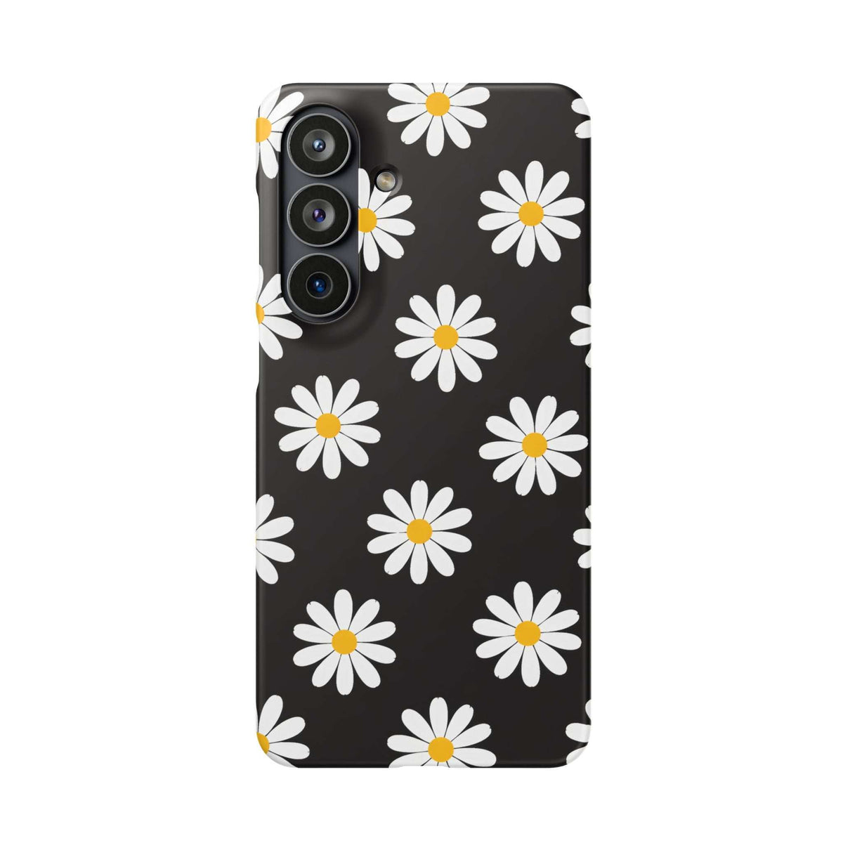 Black phone case with white daisies and yellow centers; cutouts for 3 camera lenses