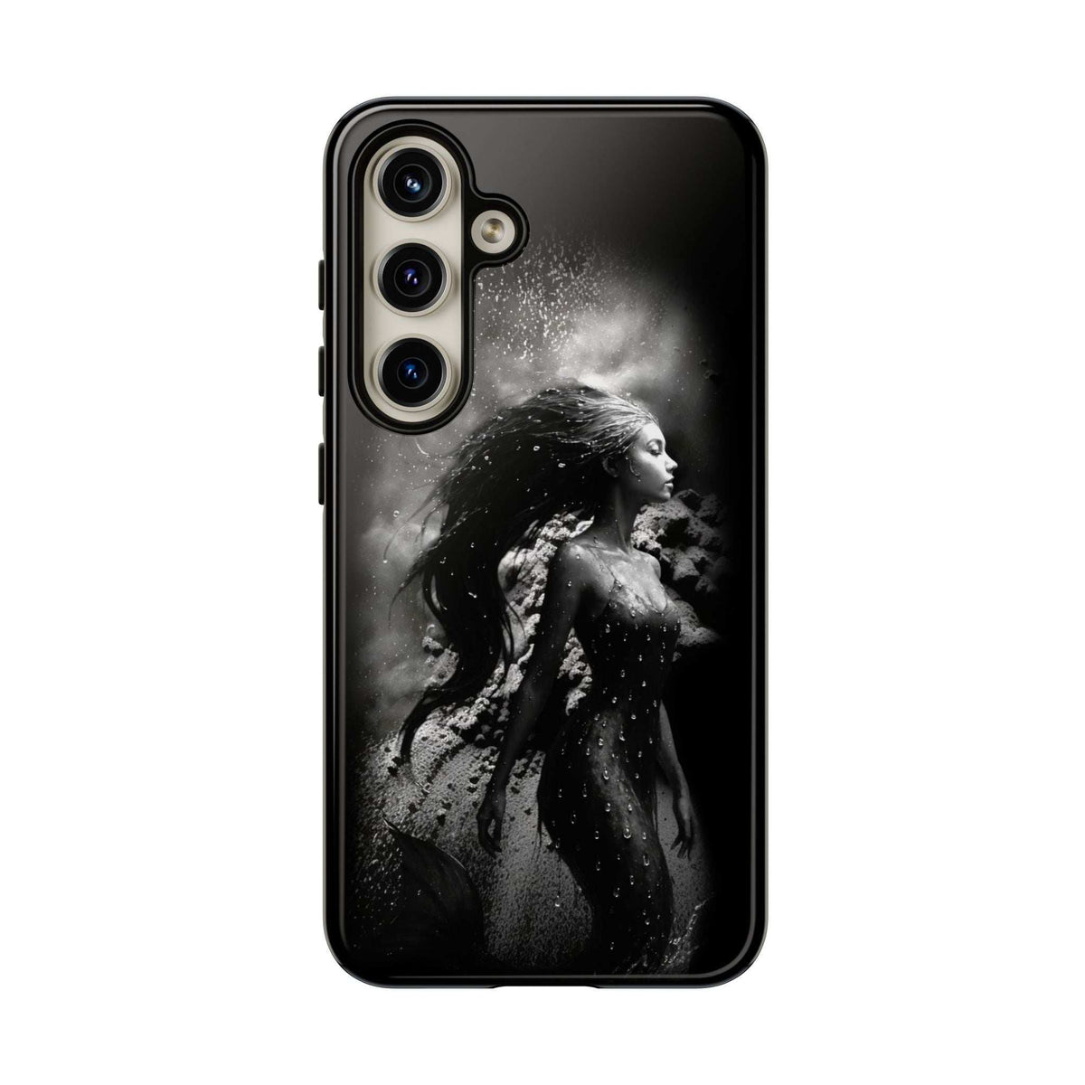 Monochrome mermaid phone case with black back and camera island cutouts, front view only