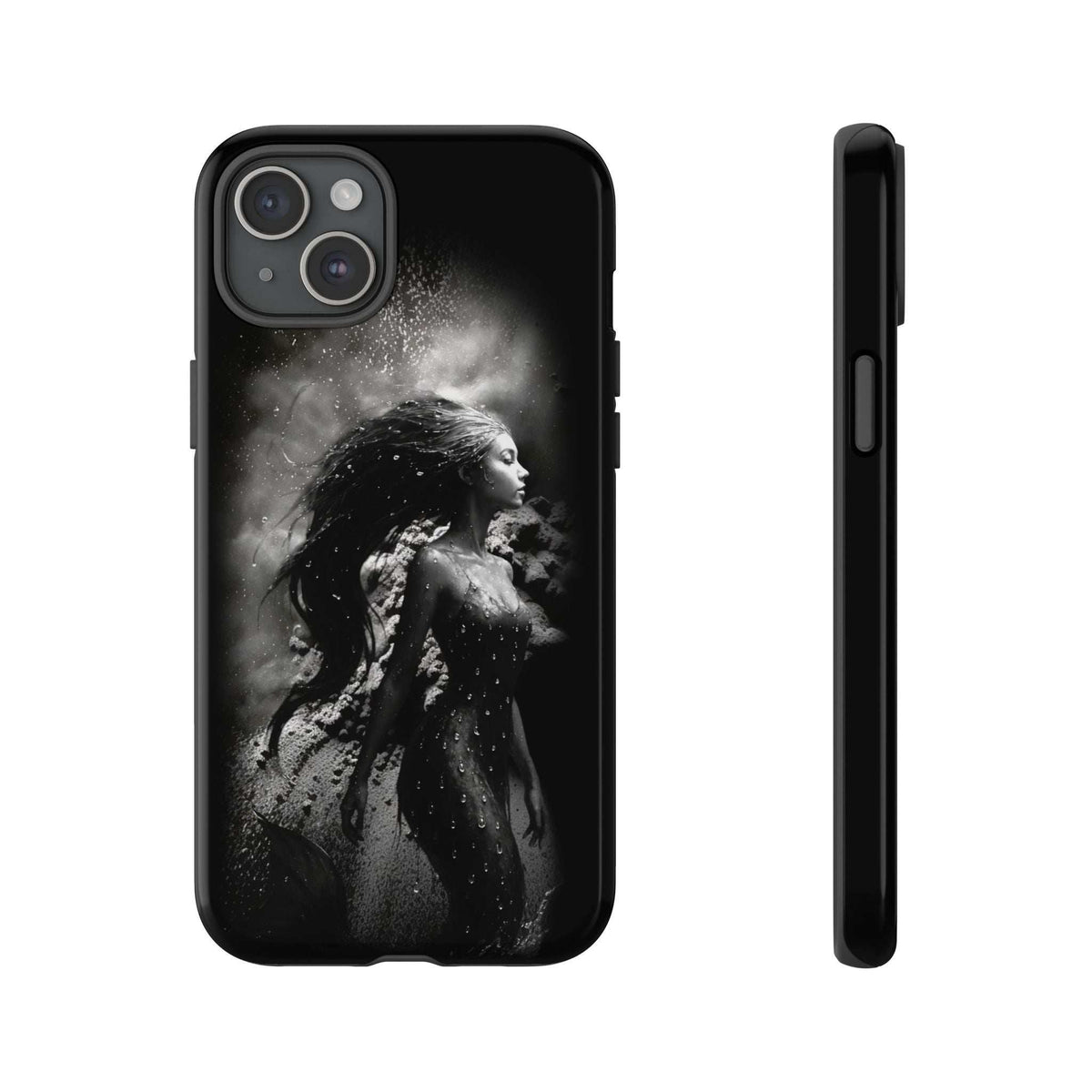 Monochrome mermaid phone case with black back and camera cutouts, front and side view