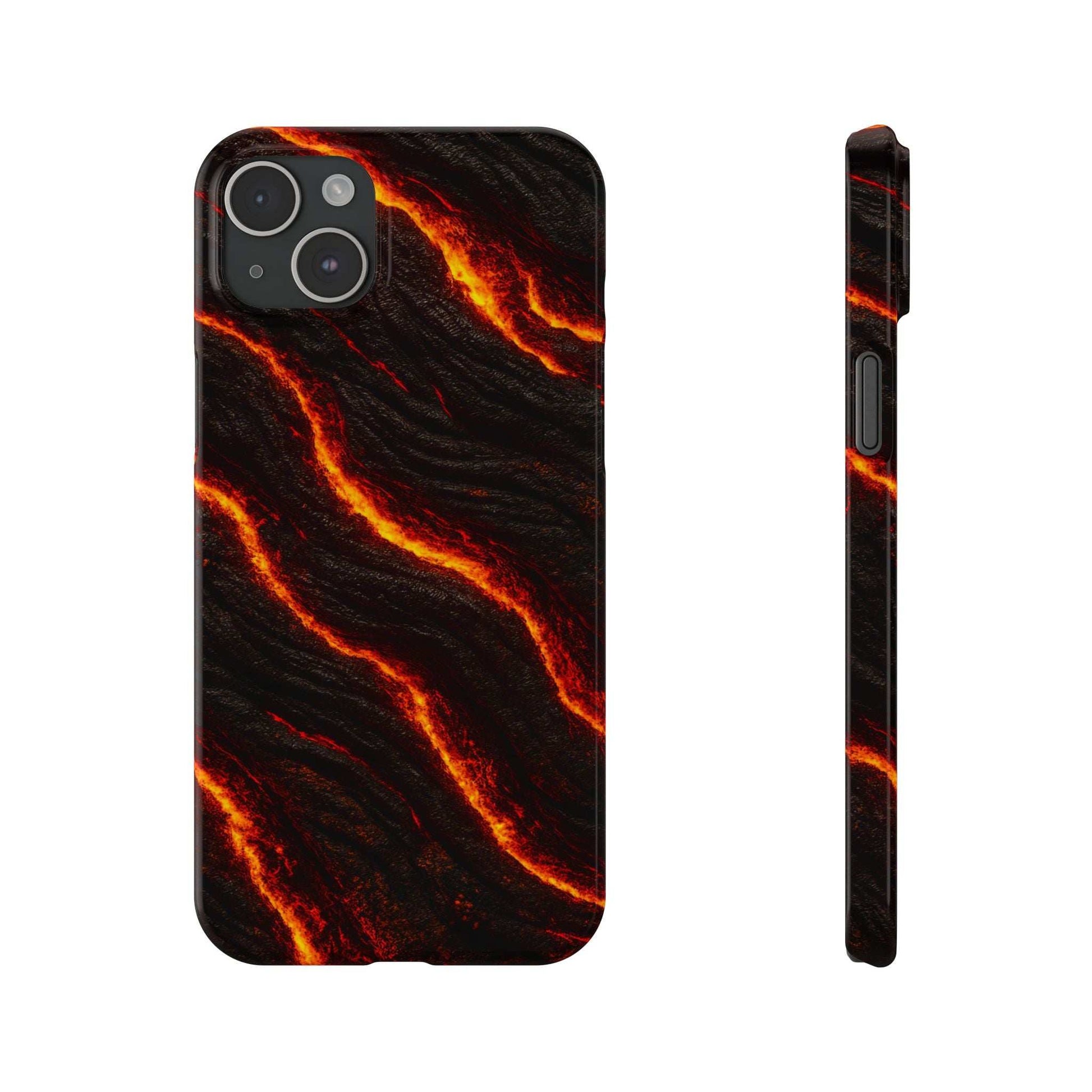 Black phone case with orange lava line design; back camera openings and side ports.