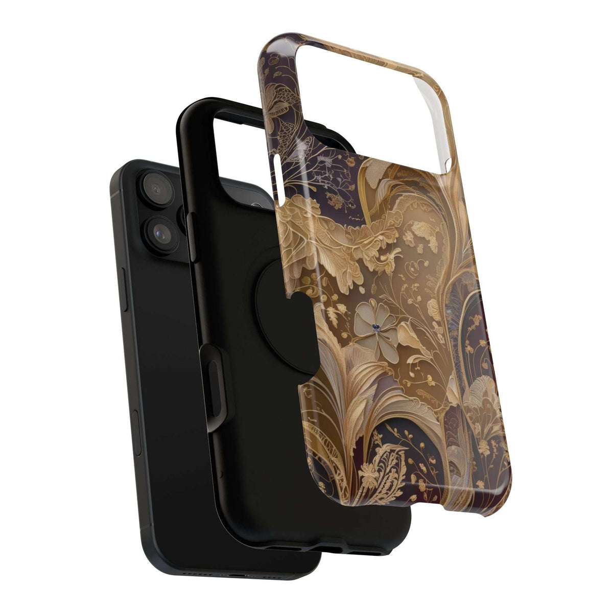 Botanical phone case with gold floral art, side buttons cutouts, raised camera bezel