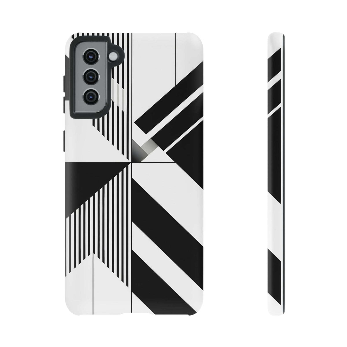 Tough phone case featuring black-and-white geometric blocks and diagonal lines.