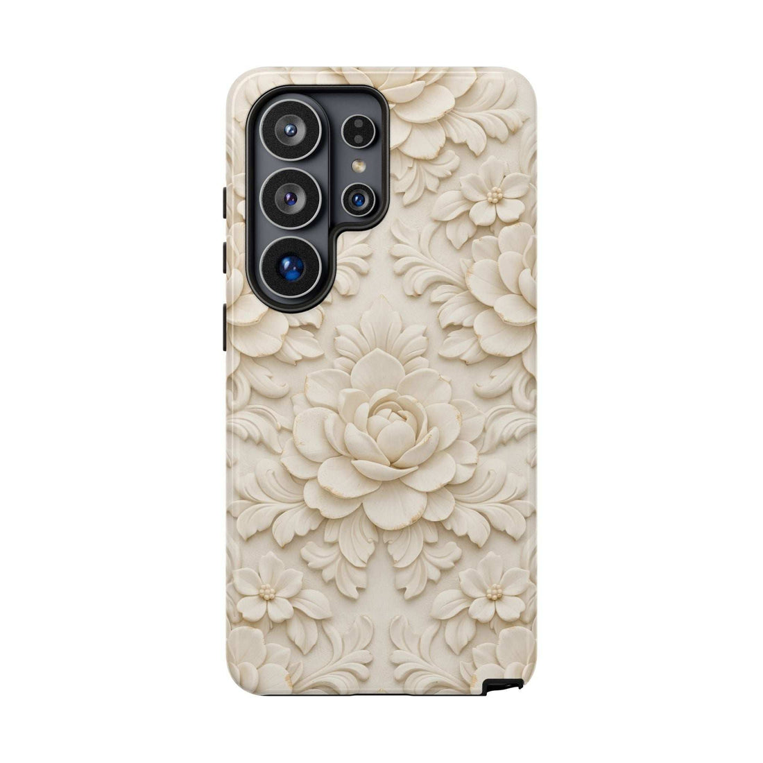 Cream floral embossed phone case with four-camera cutout and volume/port openings