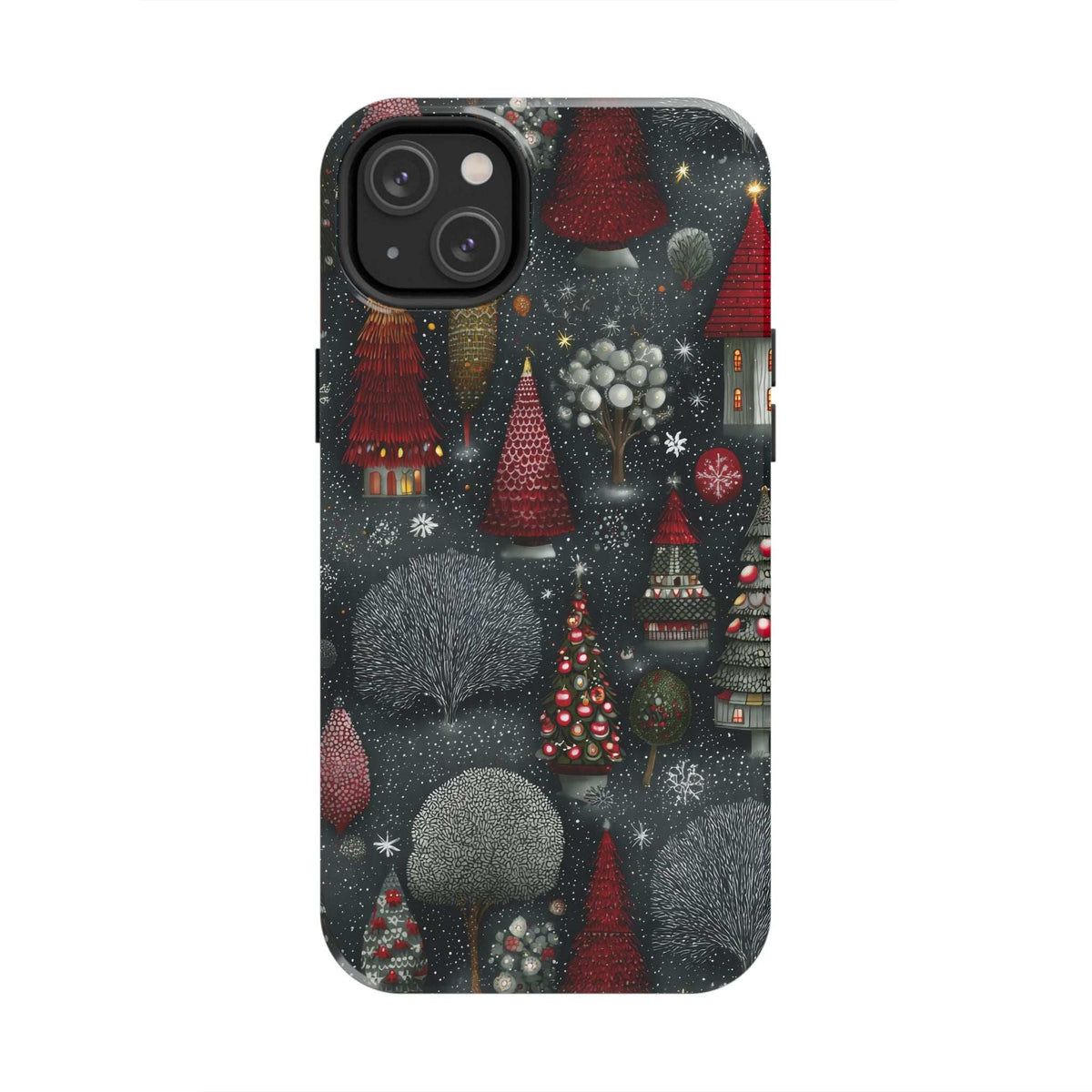 Frosted phone case with dark winter village artwork, pine trees, red ornaments, and snow details