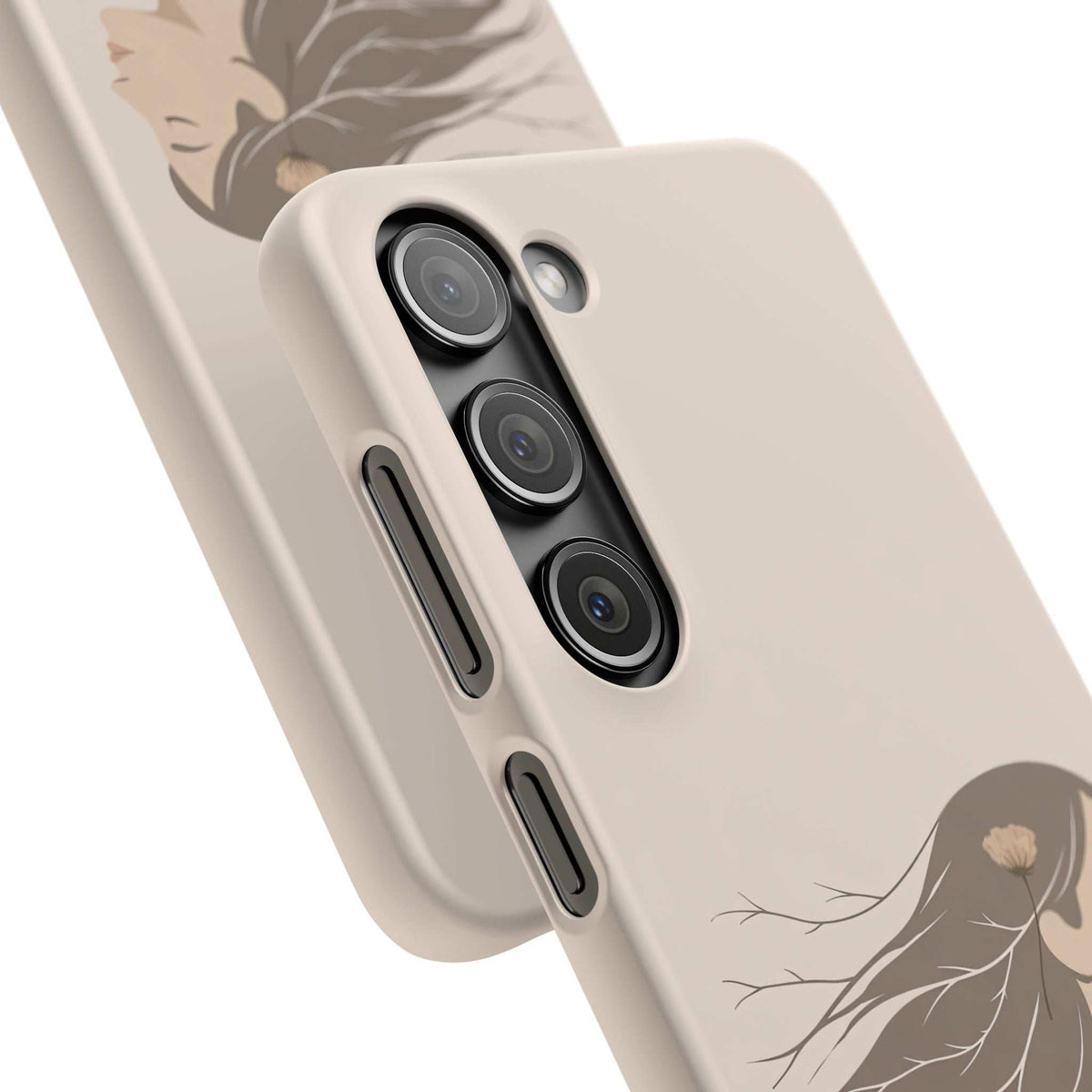 Cream phone case with line-art woman and flower; side button and camera cutouts