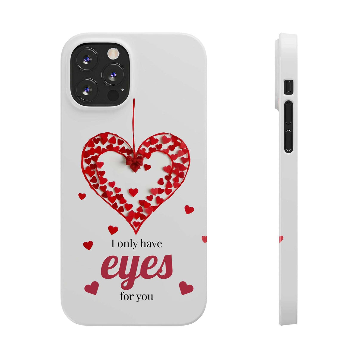 White phone case front and side view with red heart graphic; side button cutout visible