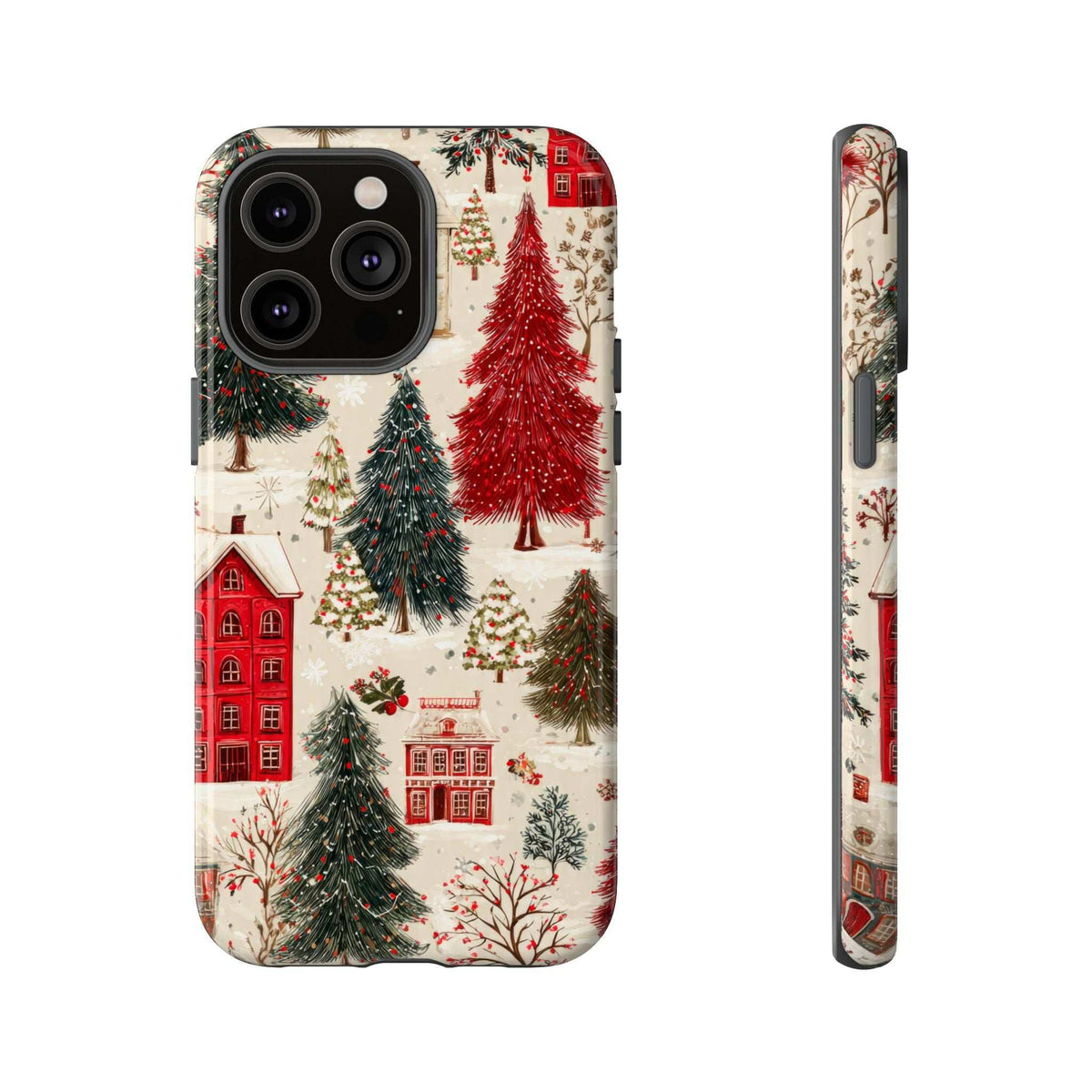 Winter village phone case with red house, pine trees, and four-lens camera cutout details