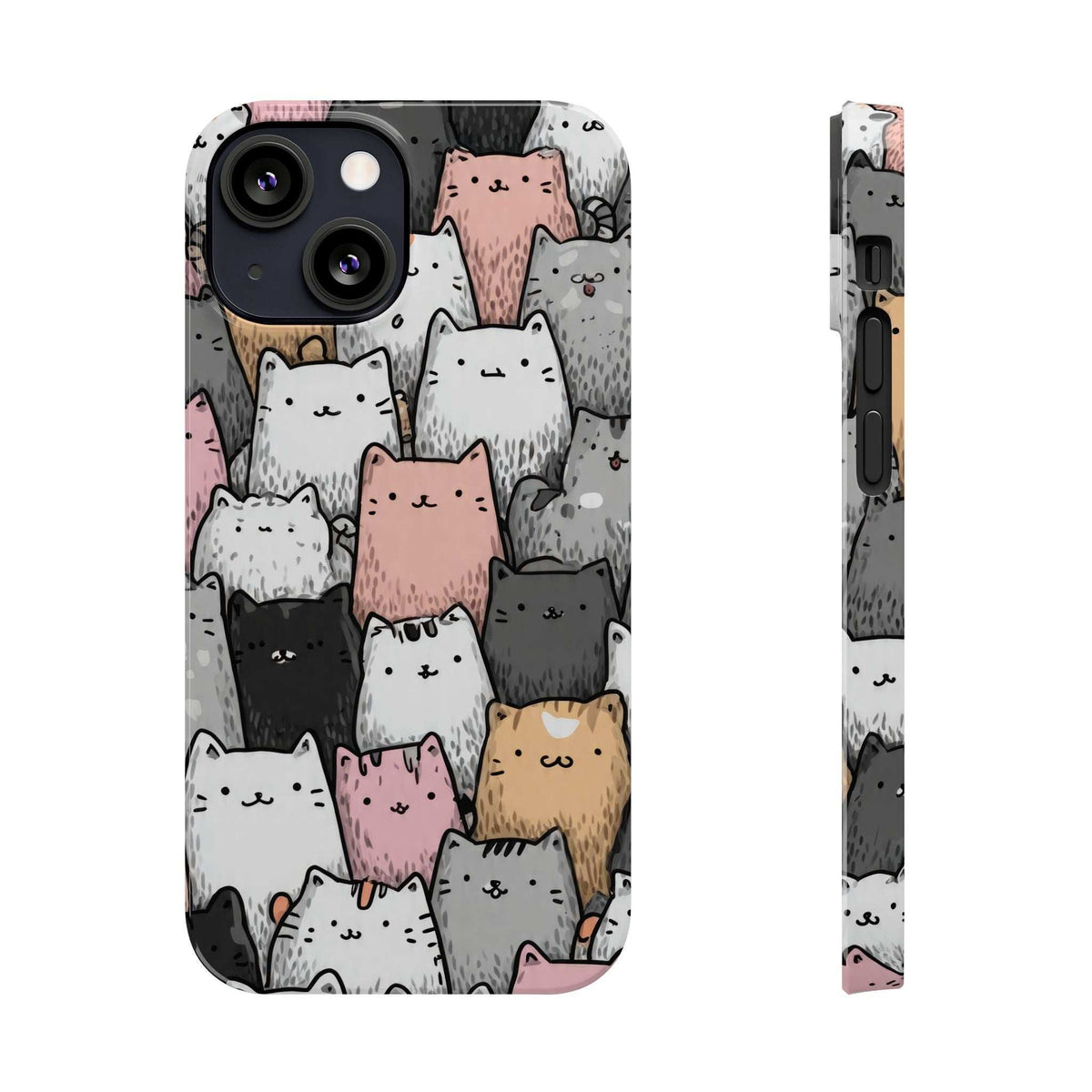 Cat carnival phone case with black camera area and cat-face pattern; front plus side view.