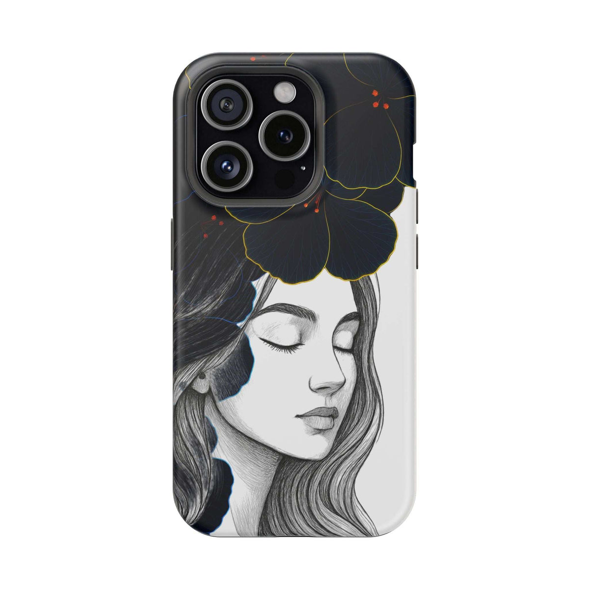 Dark floral phone case with a stylized woman portrait and raised camera cutouts