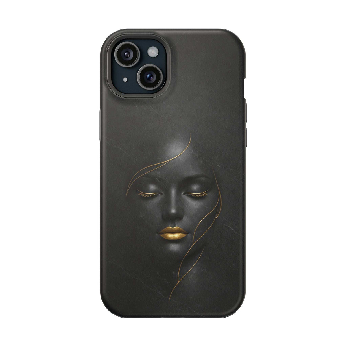 Black phone case with gold face illustration and side button cutouts