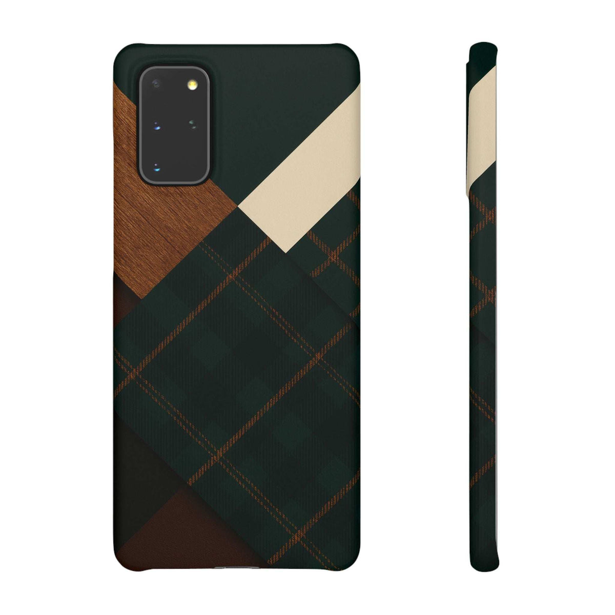 Phone case with dark green base, tan wood section, cream diagonal shape, and red-blue diamond plaid