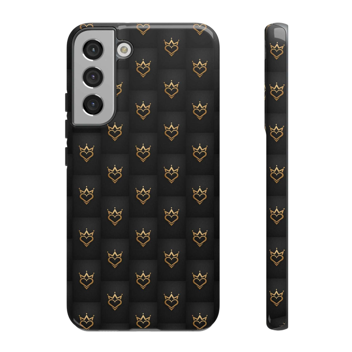 Glossy dark phone case with gold crown heart doodle pattern, visible camera lenses