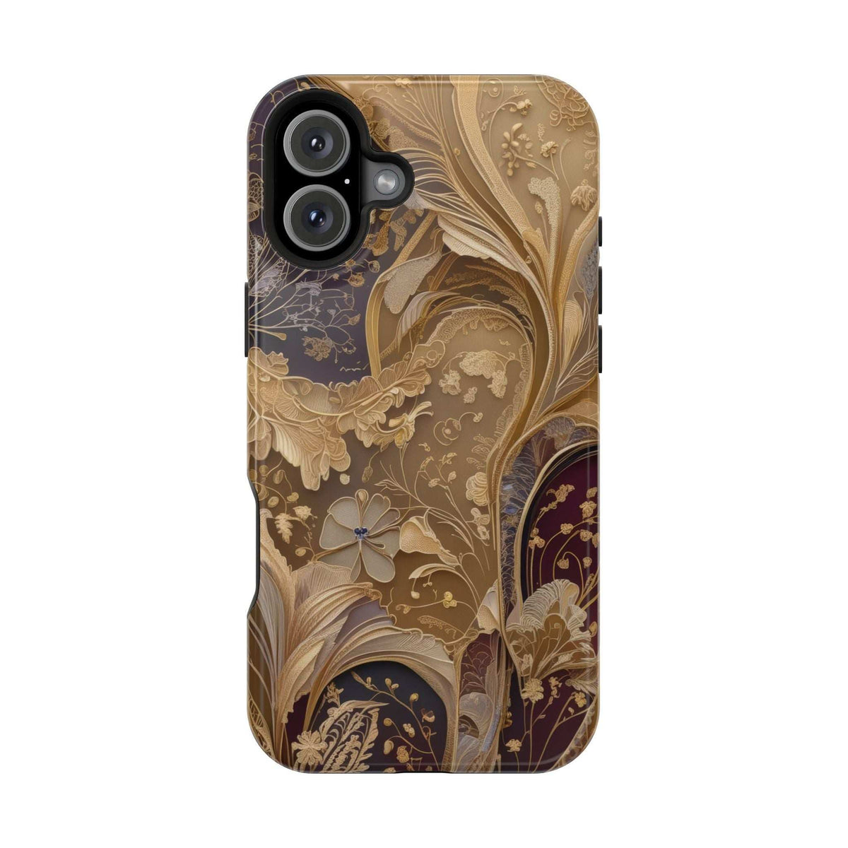 Ornate botanical phone case with butterfly design, beige and deep gold tones, raised lens area