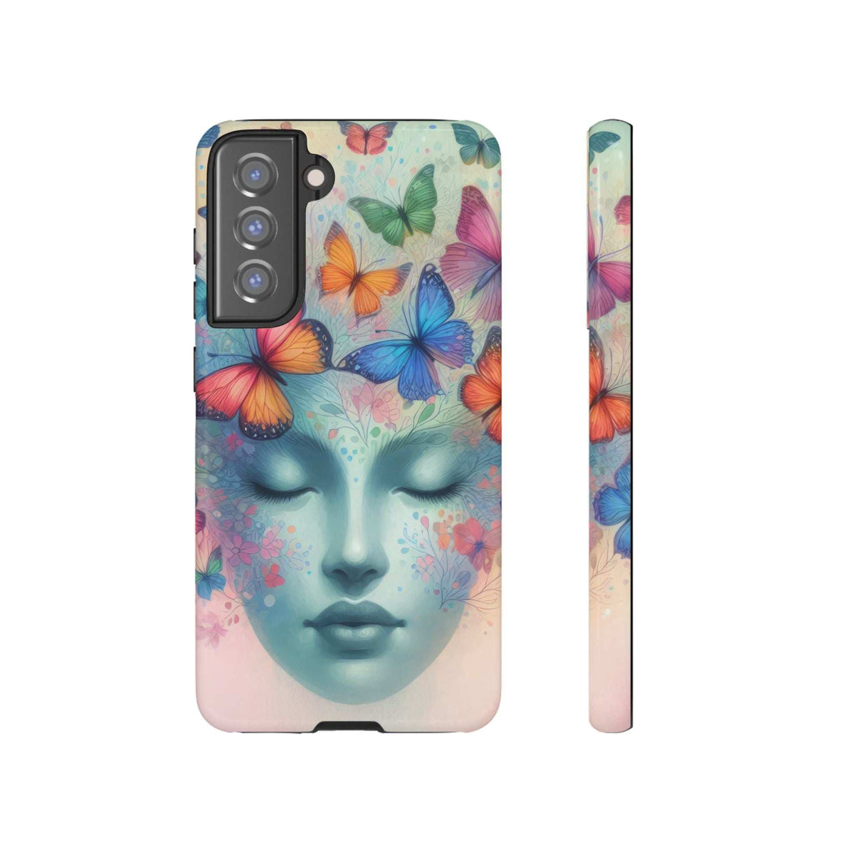Phone case back with butterfly and floral face art and side button cutouts