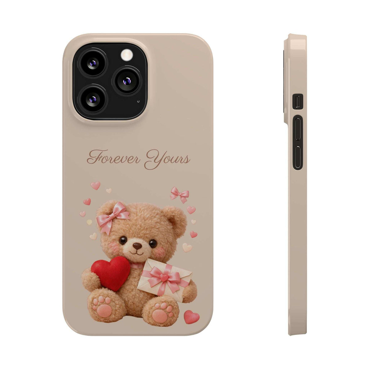 Beige phone case with teddy holding a red heart and gift; includes side profile cutouts