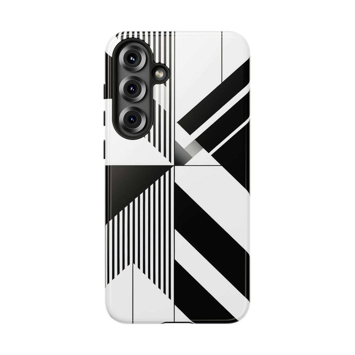 Tough phone case in black and white with bold diagonal stripes and triple camera openings.