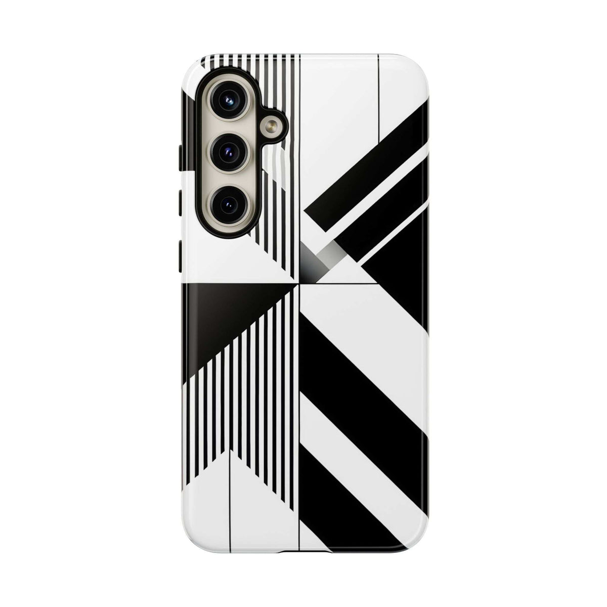 Tough phone case with black-and-white geometric pattern and rear camera lenses, straight-on