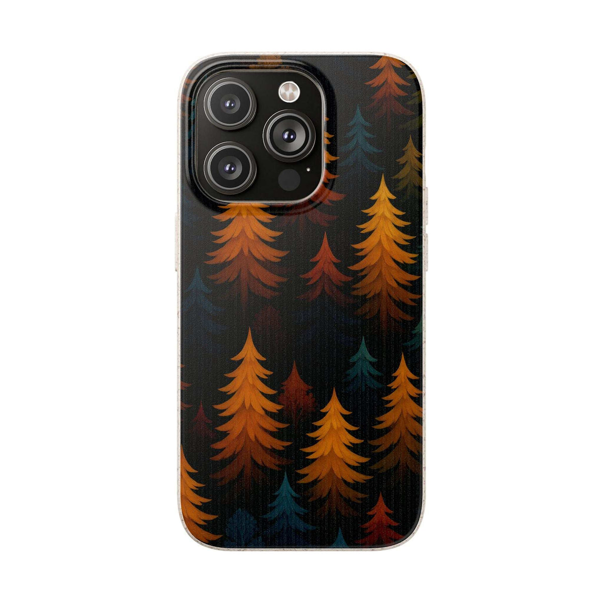Biodegradable phone case with dark forest tree pattern and quad-lens camera cutouts