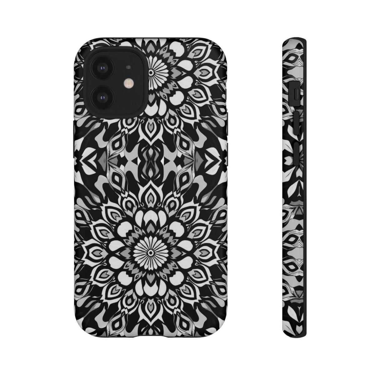 Mandala phone case front and side view with black-and-white mandala pattern