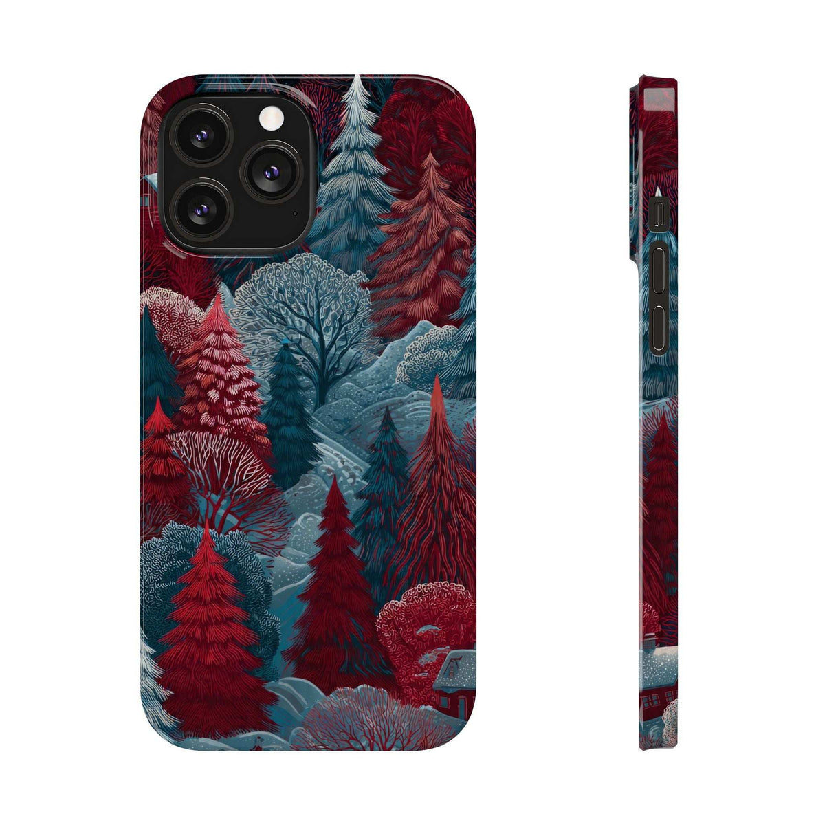 Phone case front and side view with pine trees and snowy path illustration in red and blue