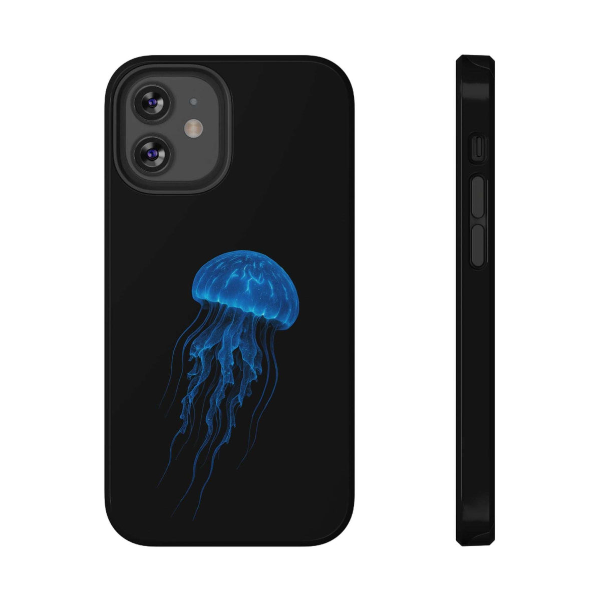 Black phone case with blue jellyfish graphic, front and side with camera opening