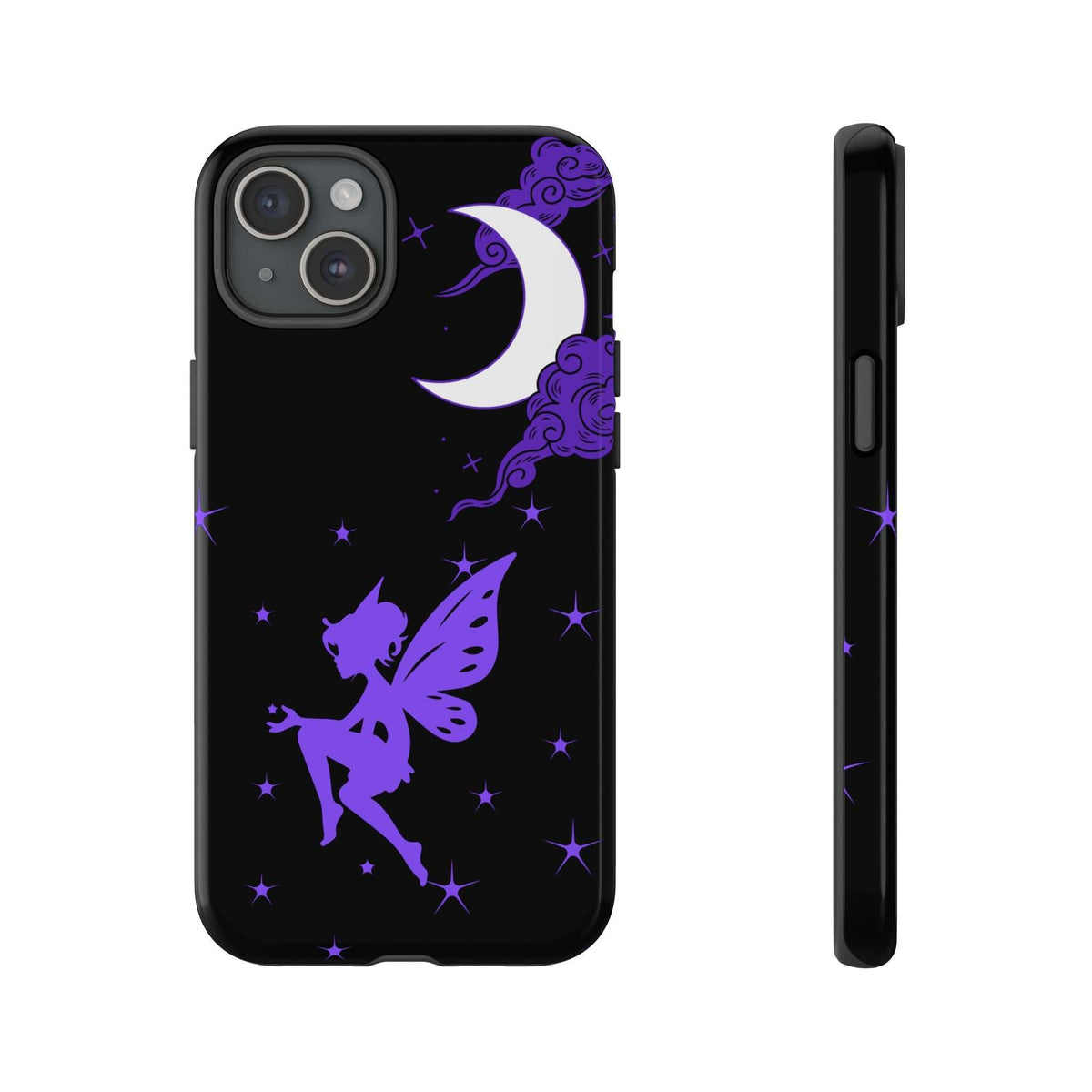 Black phone case with purple fairy, crescent moon, and star pattern; camera cutout, side view.