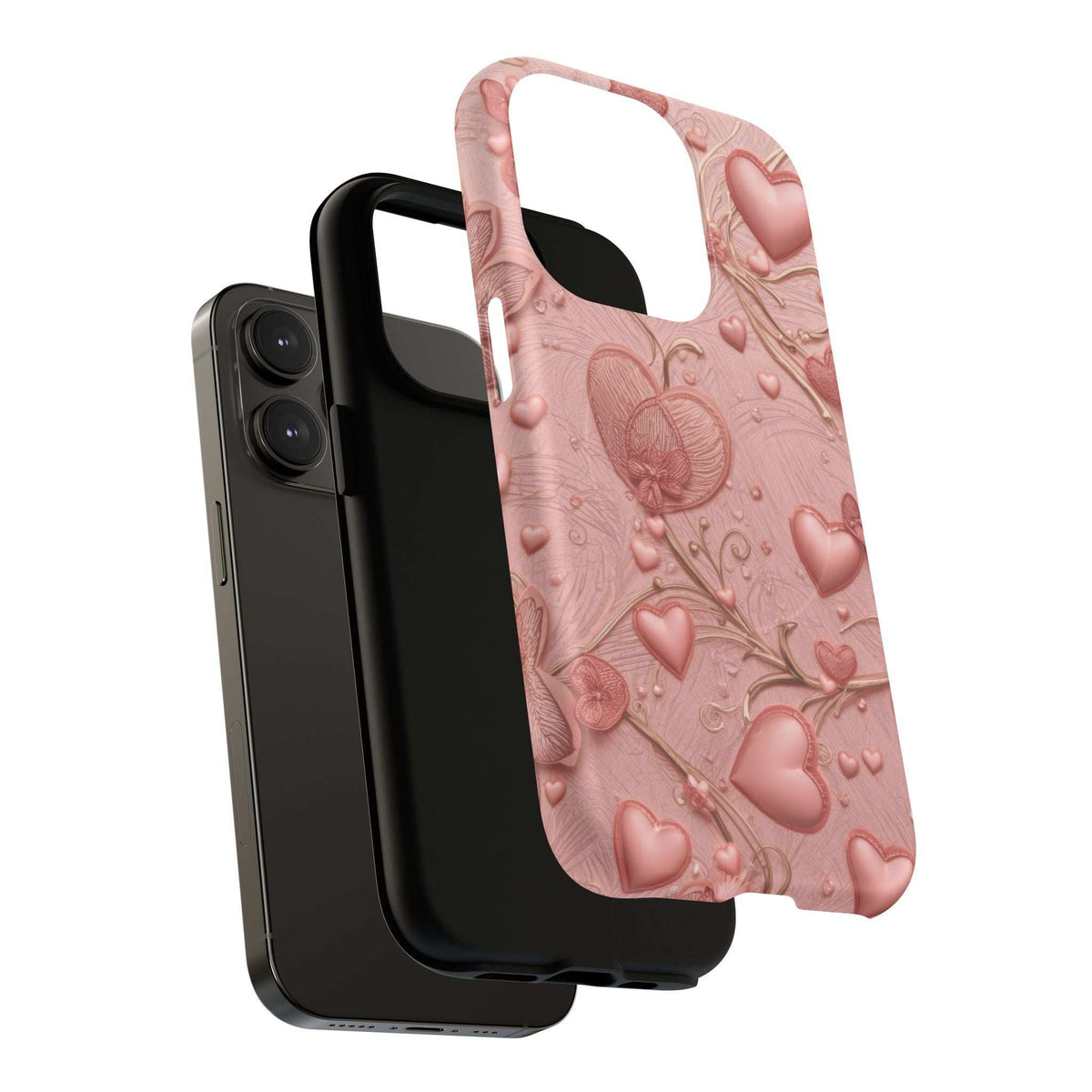 Pink phone case with raised heart and floral pattern, with camera and buttons cutouts