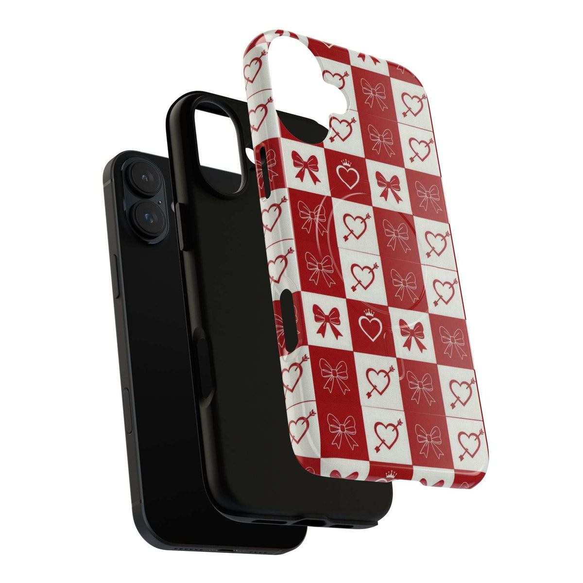 Red and white checkered phone case with hearts and bows, for iPhone 13–17