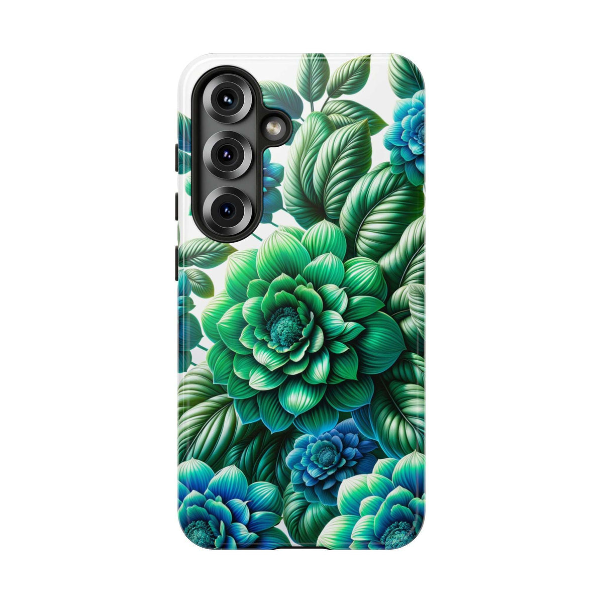Back view floral phone case with green foliage and blue blooms, camera cutouts visible