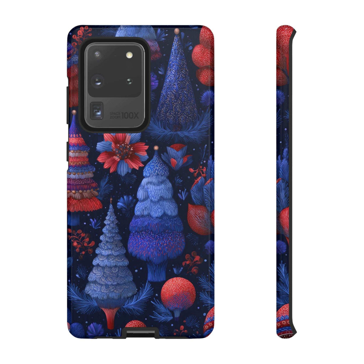 Glossy midnight blue phone case showing camera cutout and red floral forest design.