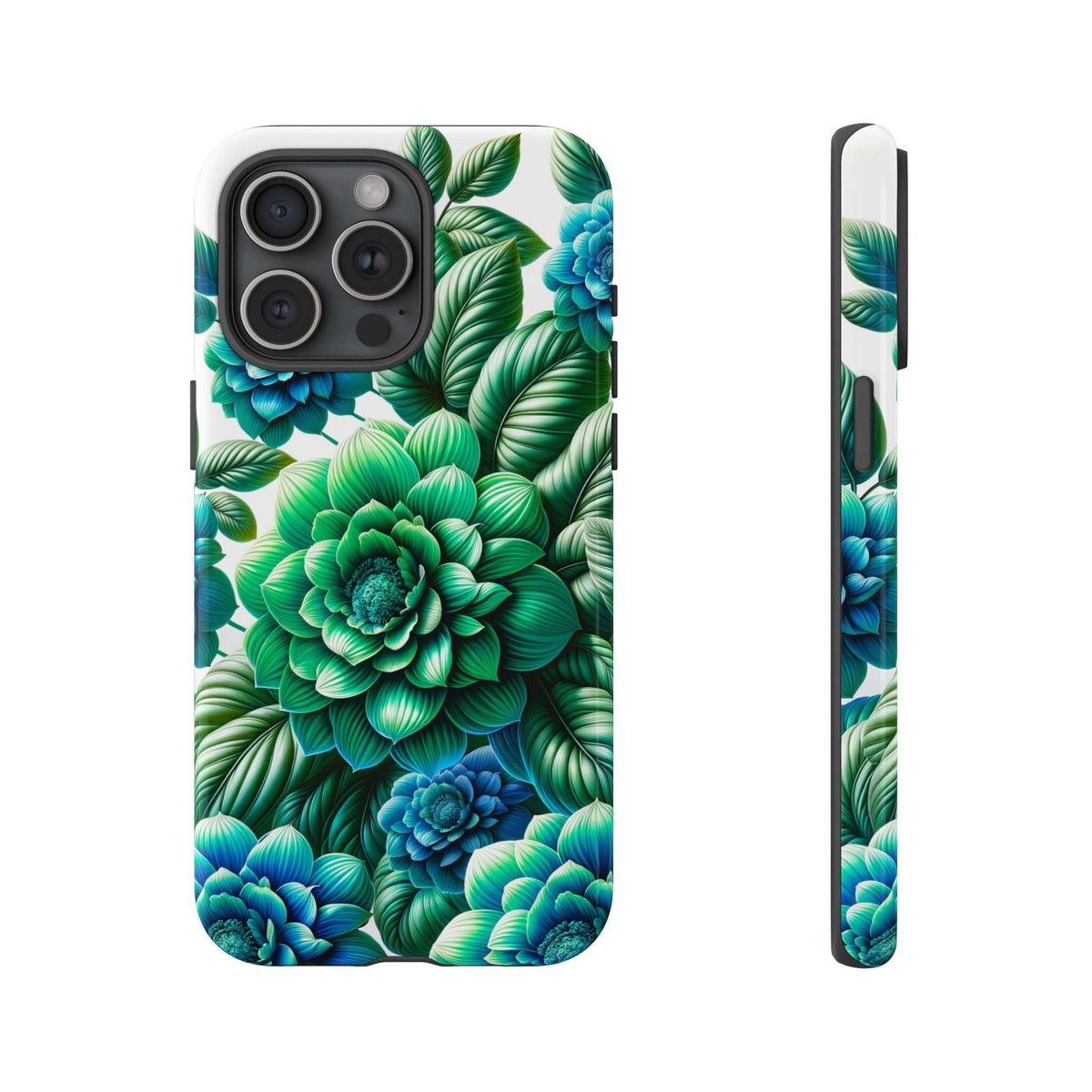 Floral phone case with green leaves and blue blossoms; side profile and back view