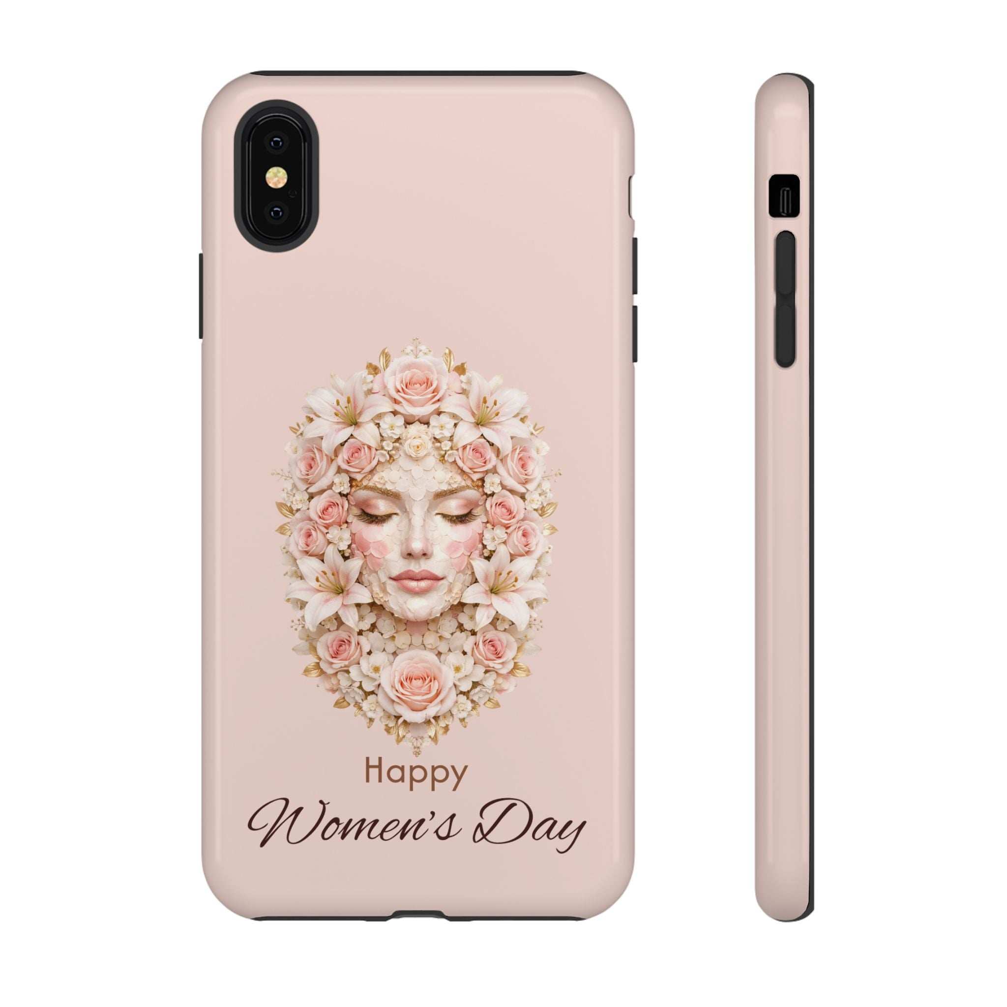 Pink iPhone phone case with floral woman face art and 'Happy Women's Day' text; side ports.