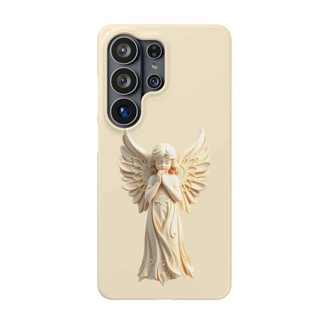 Light beige phone case with raised angel figure and camera cutouts