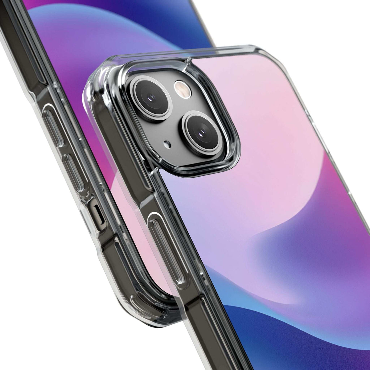 Clear pastel wave phone case, side buttons and raised triple camera area visible.