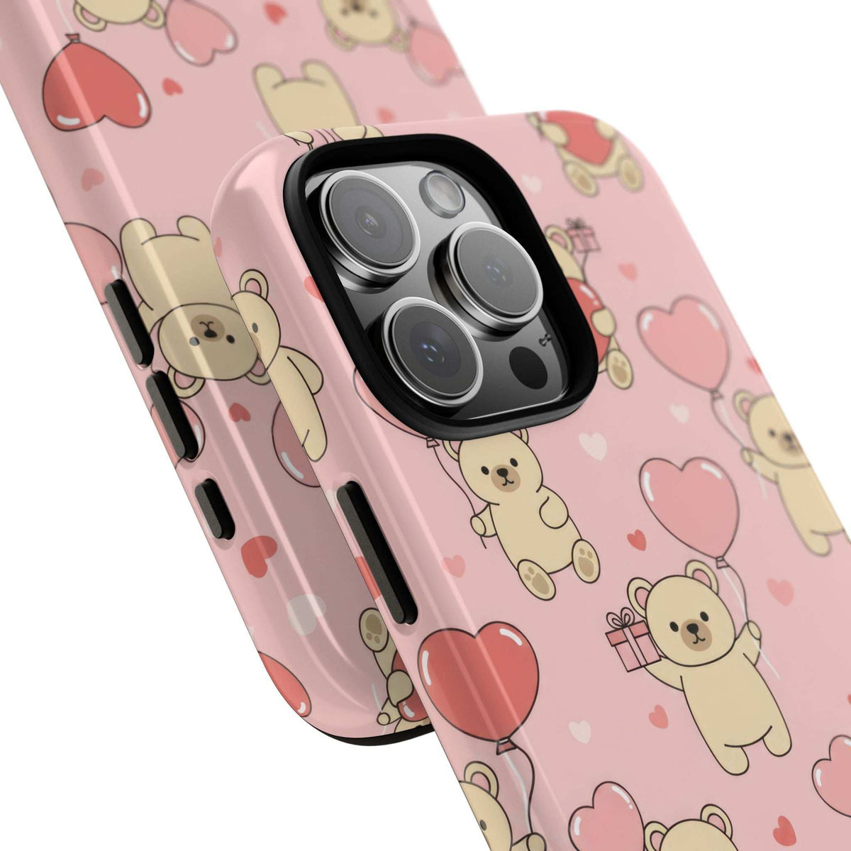 Pink teddy bear and hearts phone case with raised camera protection and black edges