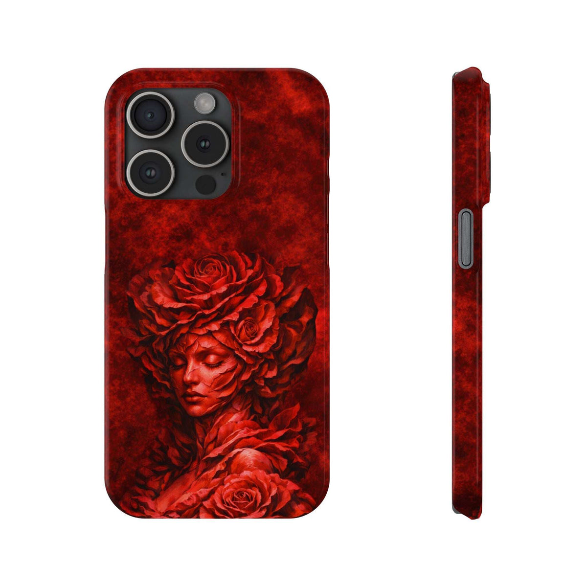 Red slim phone case with rose and woman portrait design; back view with camera openings.
