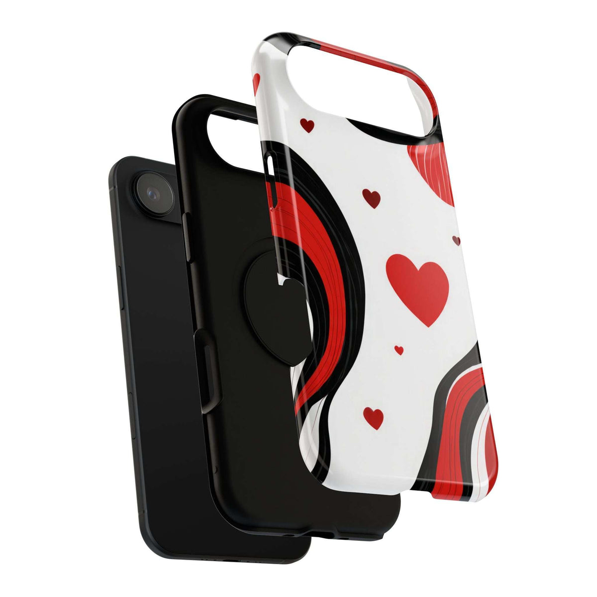 Glossy white phone case with red hearts and waves, protective bumper edges