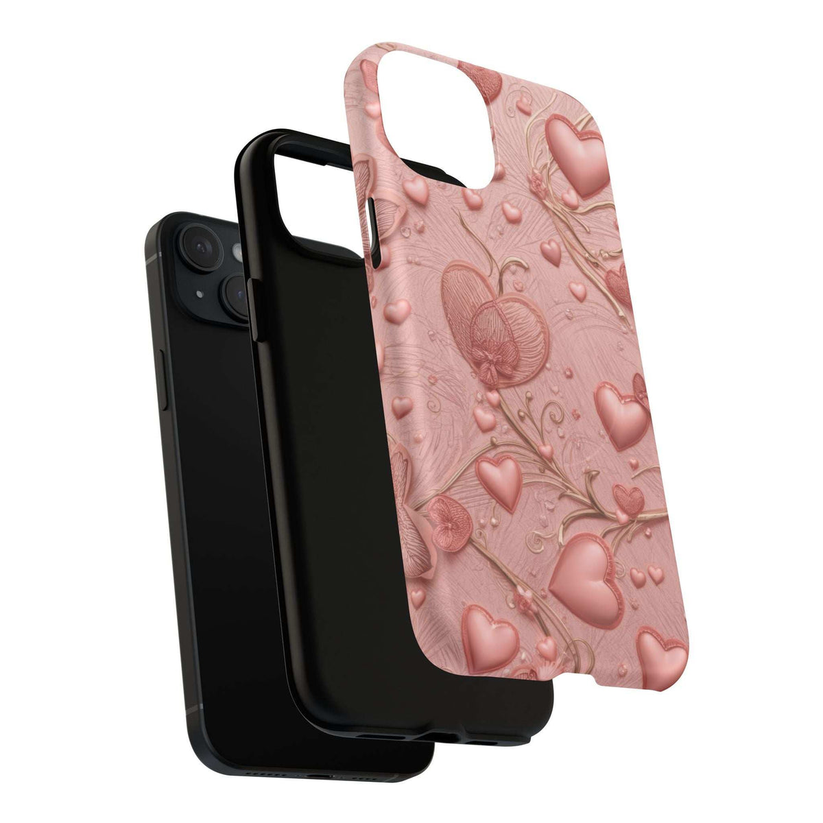 Pink embossed heart motif phone case with vine details and camera cutout opening