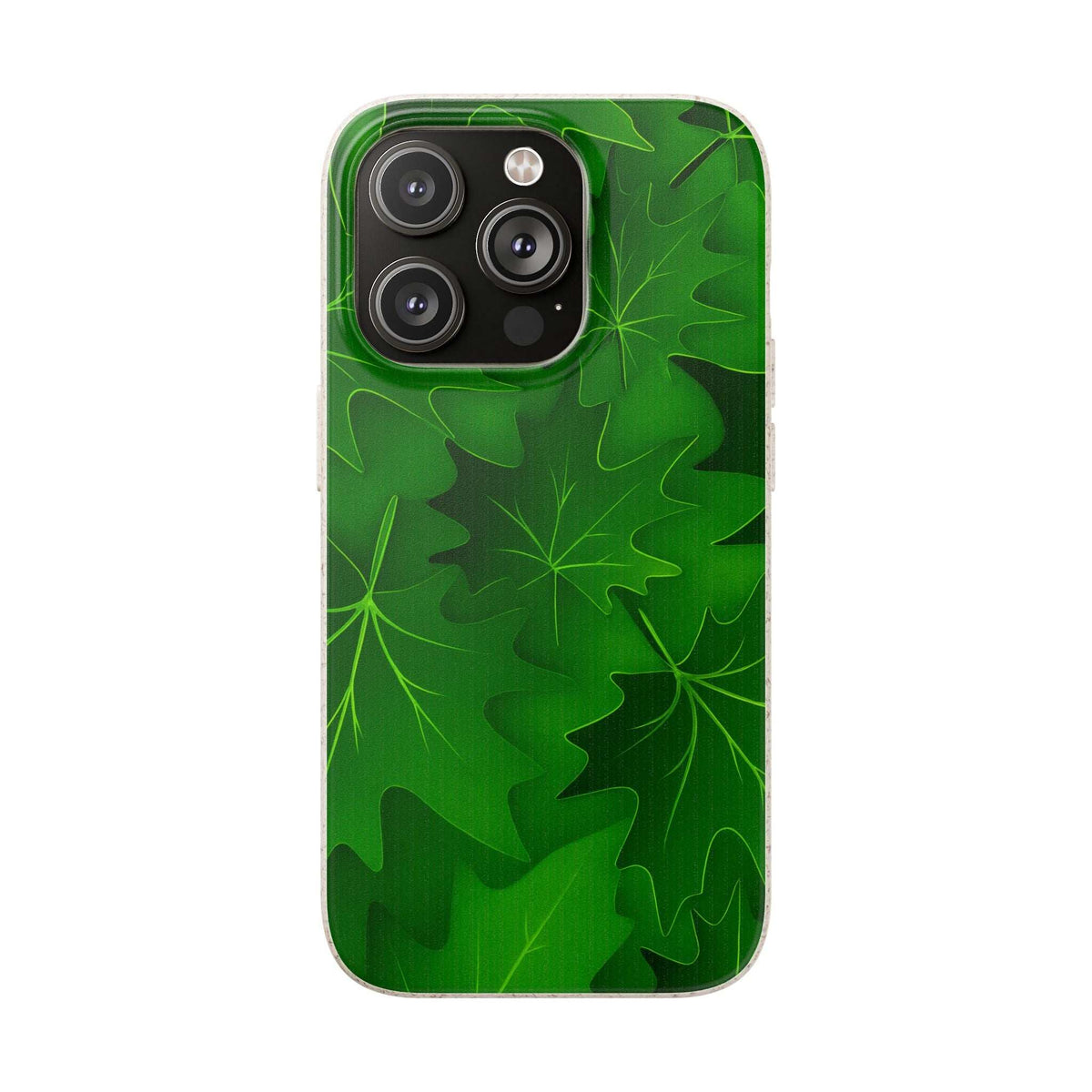 Green phone case with botanical leaf pattern and triple camera cutout, matte black frame