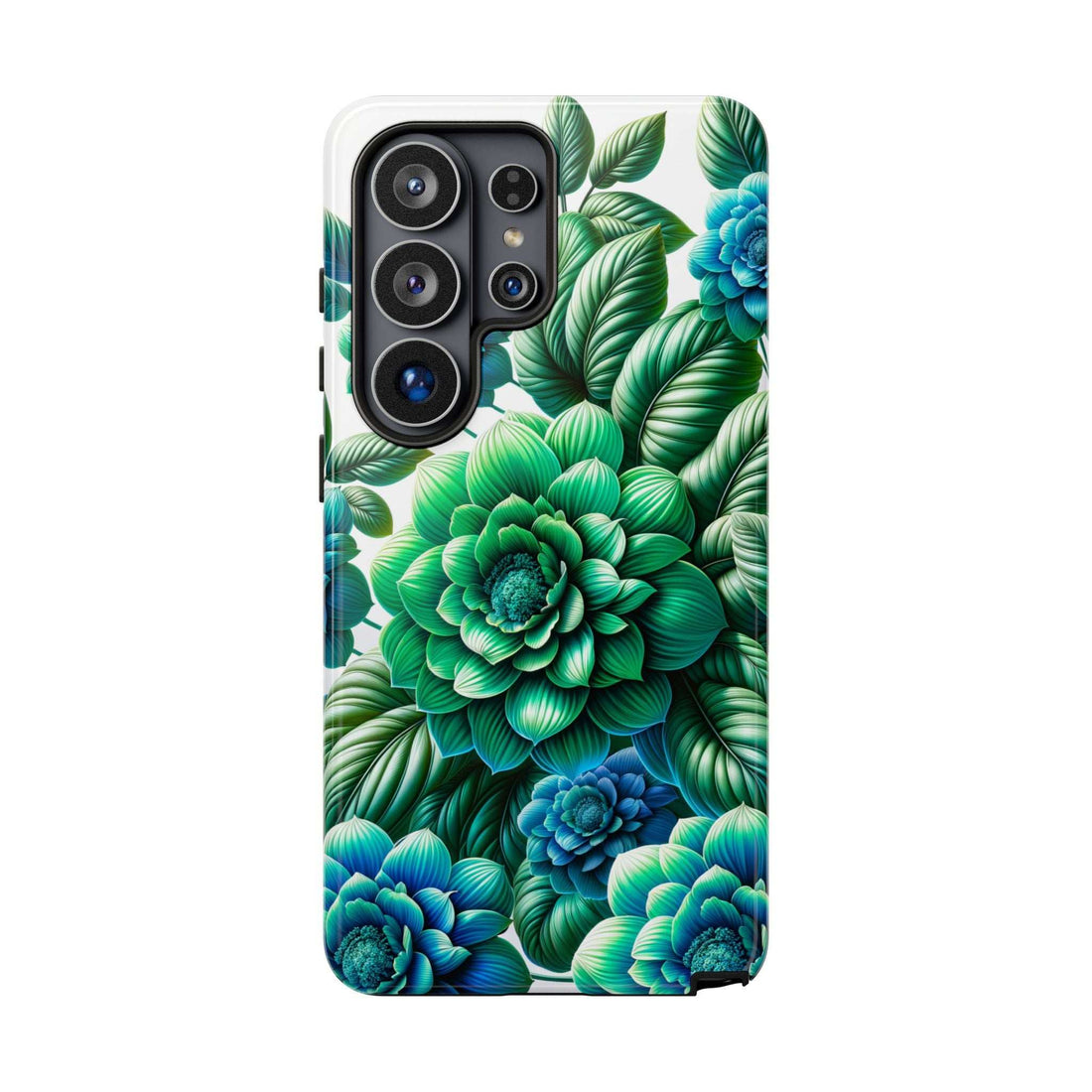 Green and blue floral phone case with leafy pattern and camera cutouts