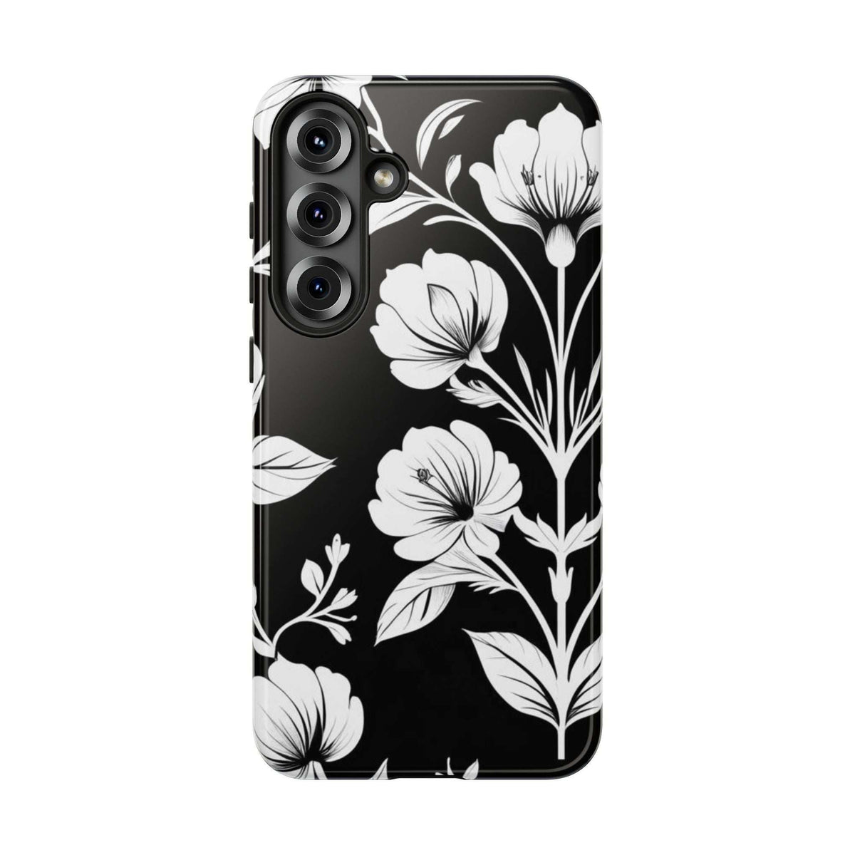 Floral phone case in black with white blossom design; camera cutouts on upper left