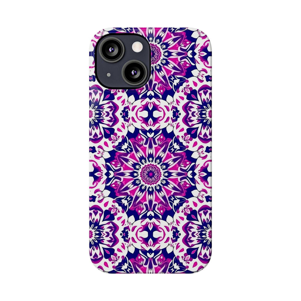 Phone case with centered purple-pink mandala floral pattern and black camera cutouts