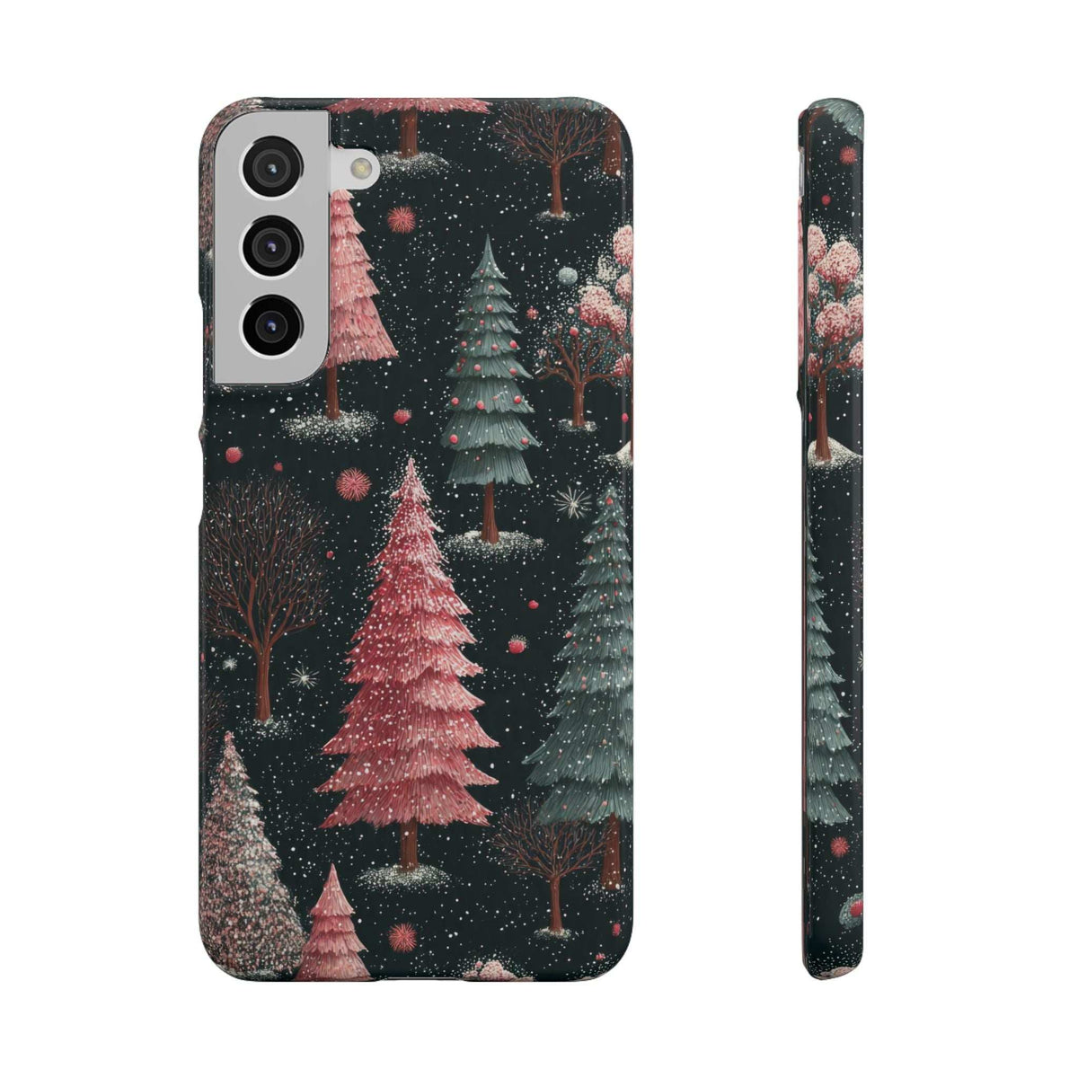 Forest-themed glossy phone case with snowy pine trees and pink-red accents; camera cutouts shown.