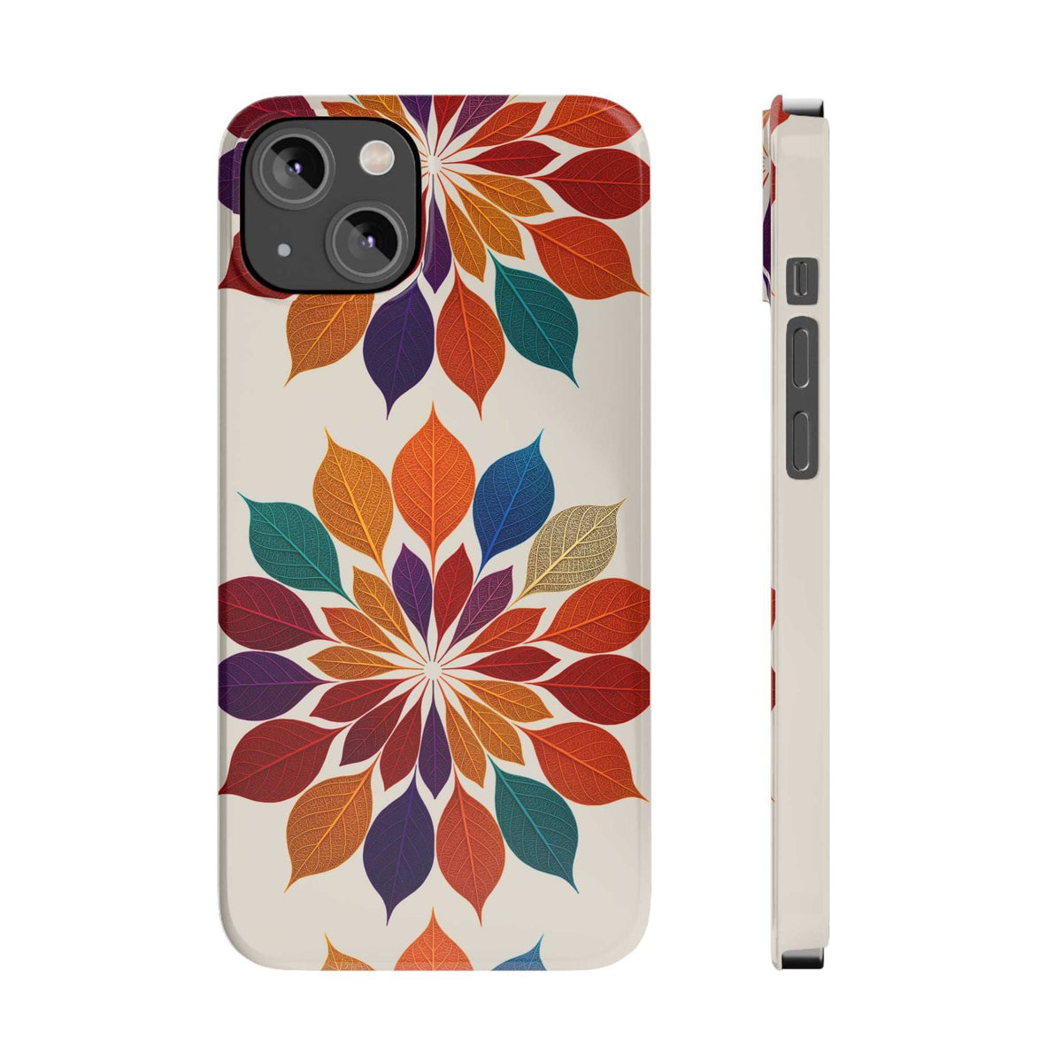 Leaf mandala phone case with multicolor floral leaf design and raised camera area