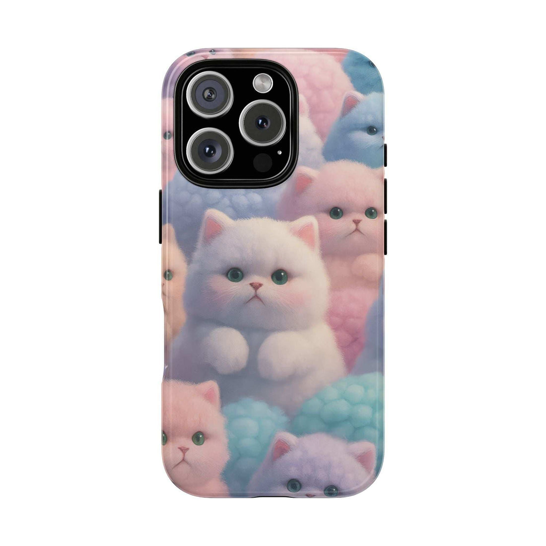 Glossy pastel kitten phone case, back view with camera module and kitten collage design